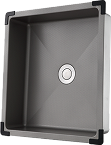 An exploded view of black kitchen sink accessories including a folding rack at the top, a black cutting board in the middle, and a black colander at the bottom. Each piece is labeled with its name.